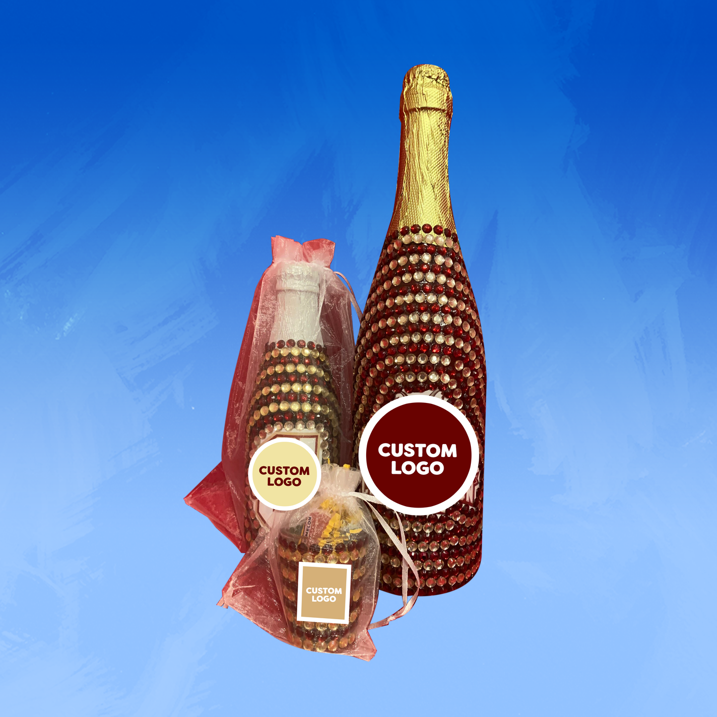 College Bling Bottles® Custom Bundle 3 - Regular, Mini, & Shot Glass (Best Value)